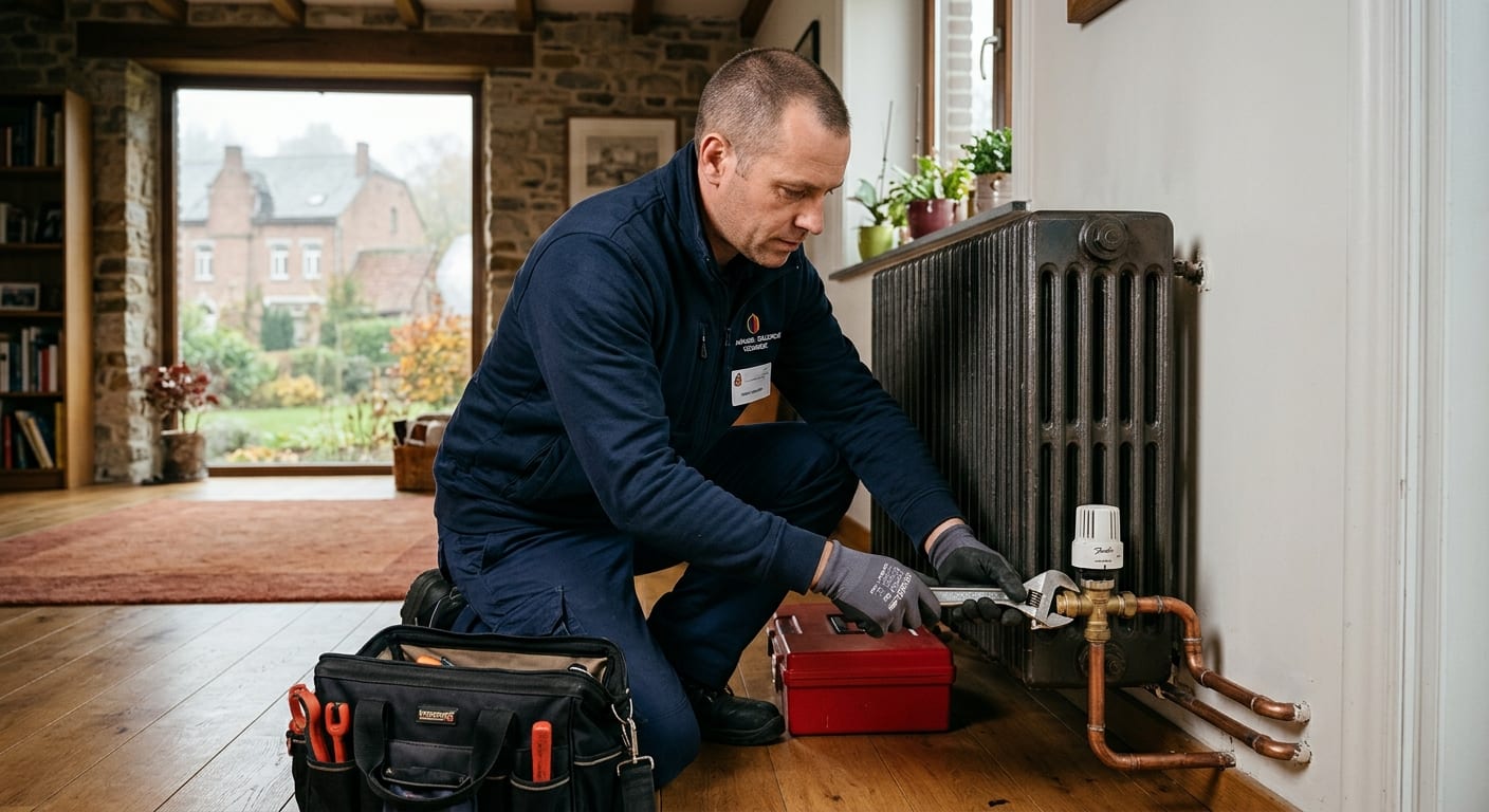 Technicien chauffagiste vérifiant le raccordement hydraulique des radiateurs d'une maison belge
