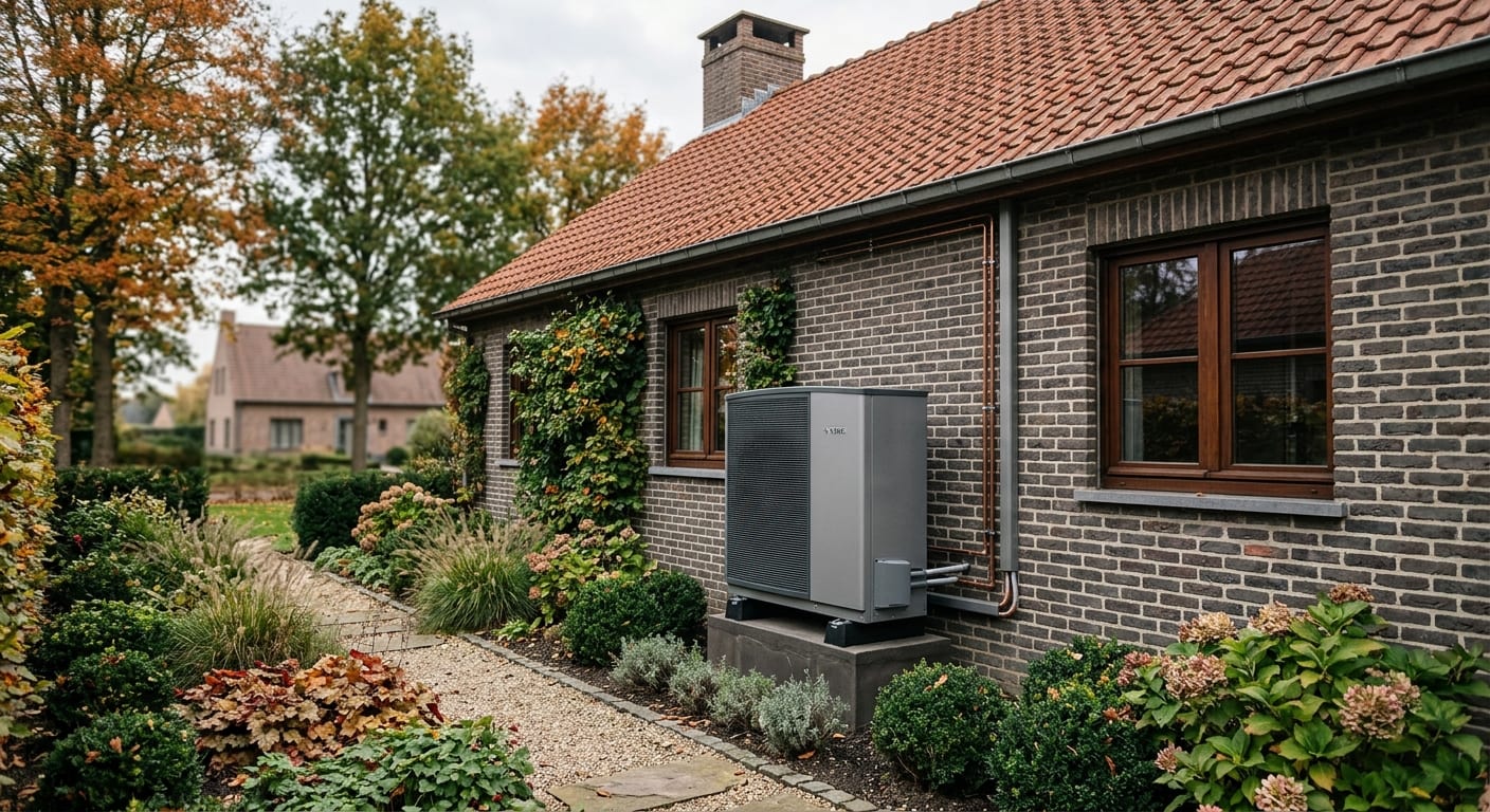 Unité extérieure moderne de pompe à chaleur air-eau installée discrètement le long d'une maison unifamiliale belge